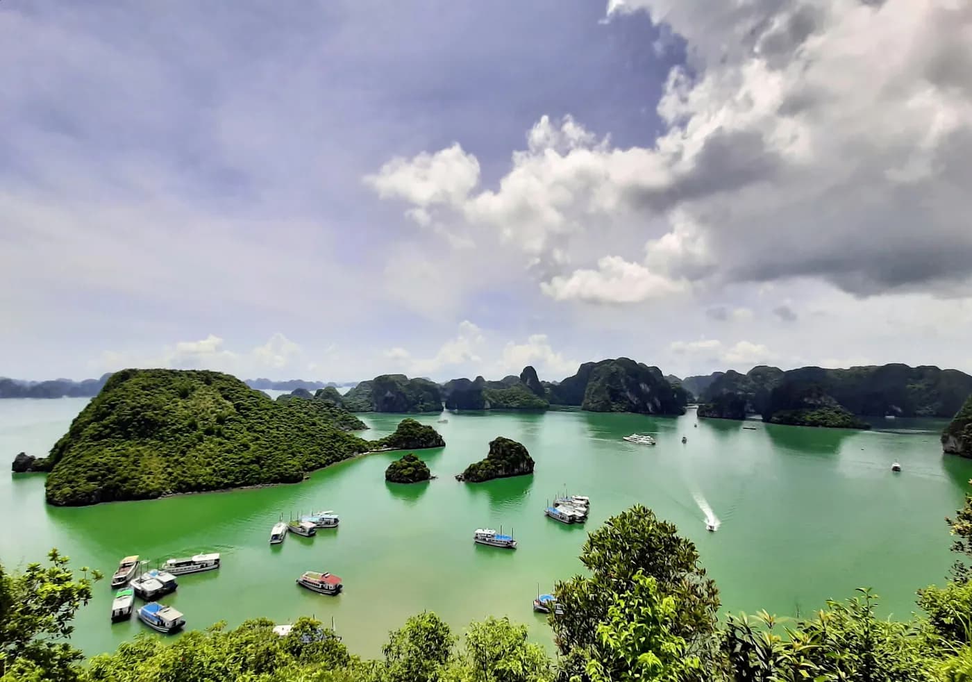 Limestone karsts rising from the water in Ha Long Bay